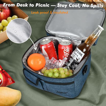 Tirrinia Reusable Lunch Box for Men Women, Insulated Lunch Bag Adult Work, Double Decker Leakproof Lunchbox for Office Picnic Beach—Dual Compartment Lunch Cooler Bag