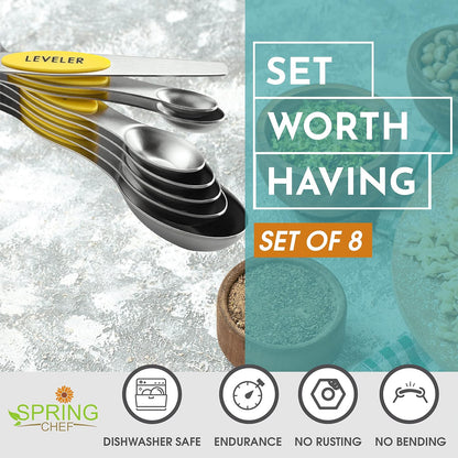Spring Chef Stainless Steel Magnetic Measuring Spoons Set with Strong N45 Magnets, Heavy Duty Metal Kitchen Gadgets for Baking & Cooking, Fits in Most Kitchen Spice Jars, Set of 8 with Leveler, Black