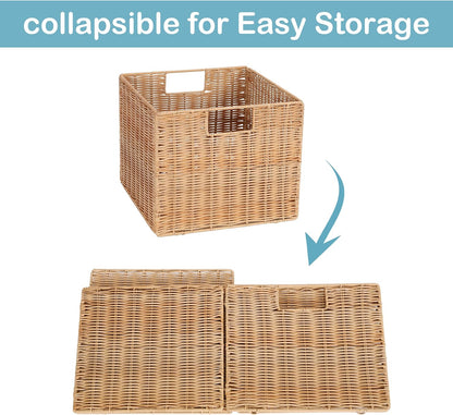 12x12x10in Water Hyacinth Storage Basket Large, Folding Cube Woven Wicker Storage Basket for Shelves, Pantry Baskets Organization and Storage, Kitchen Storage Baskets, Large Rattan Basket Set of 3