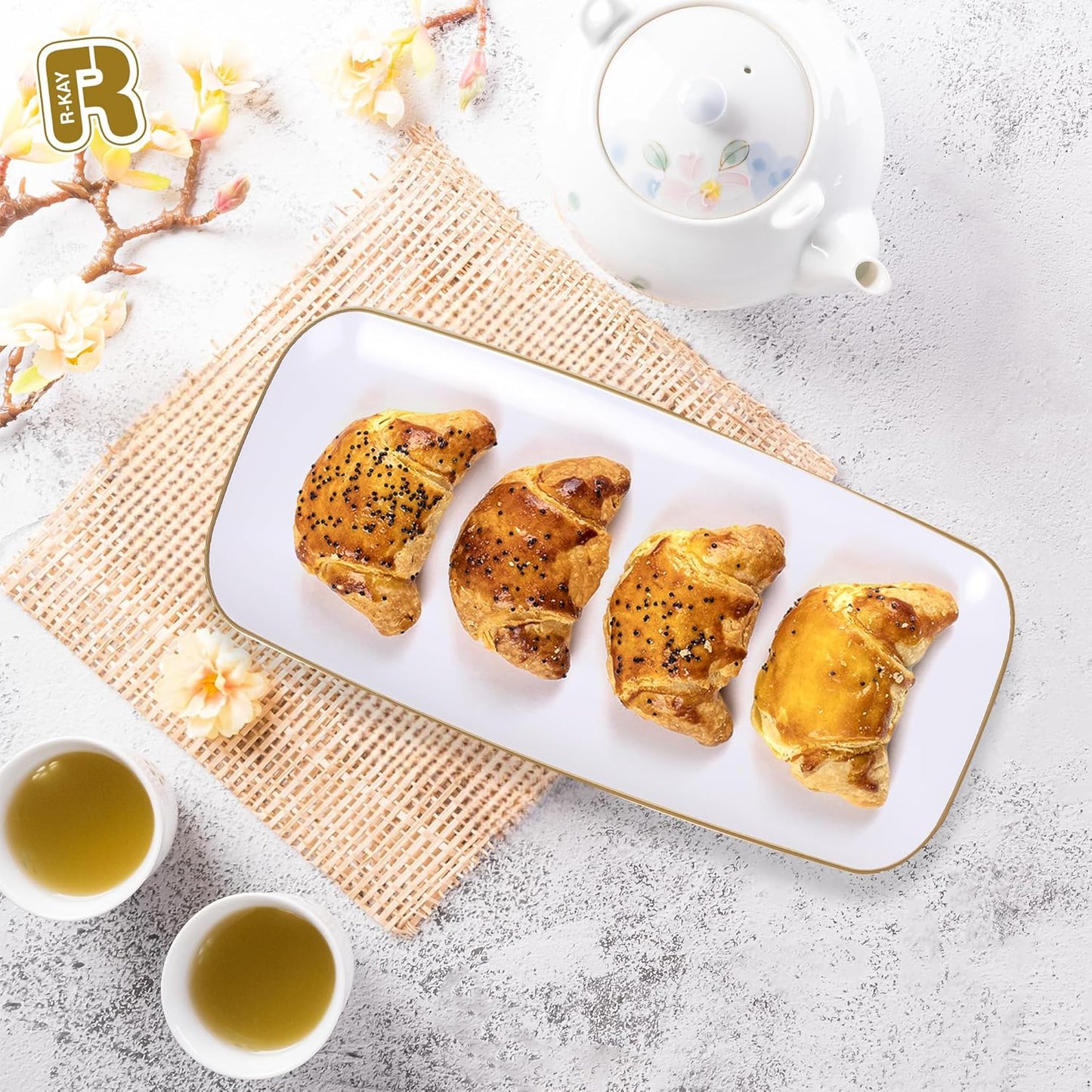 R-kay 4 Pack White Plastic Serving Trays for Party - White Serving Tray 17 by 6.5 in - Rectangular Heavy Duty Dessert Trays for Food