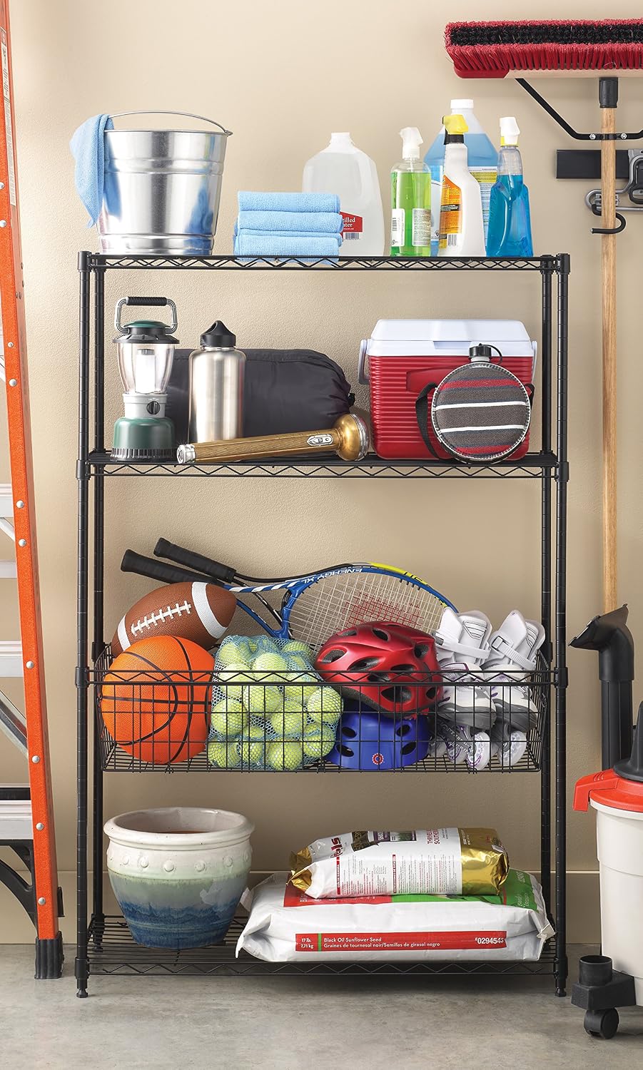 Whitmor 2-Wire Shelving Unit, Metal Storage Shelves, Stacking Shelf with Basket, Easy Assembly Home Organizer for Pantry, Kitchen, Garage, Plant