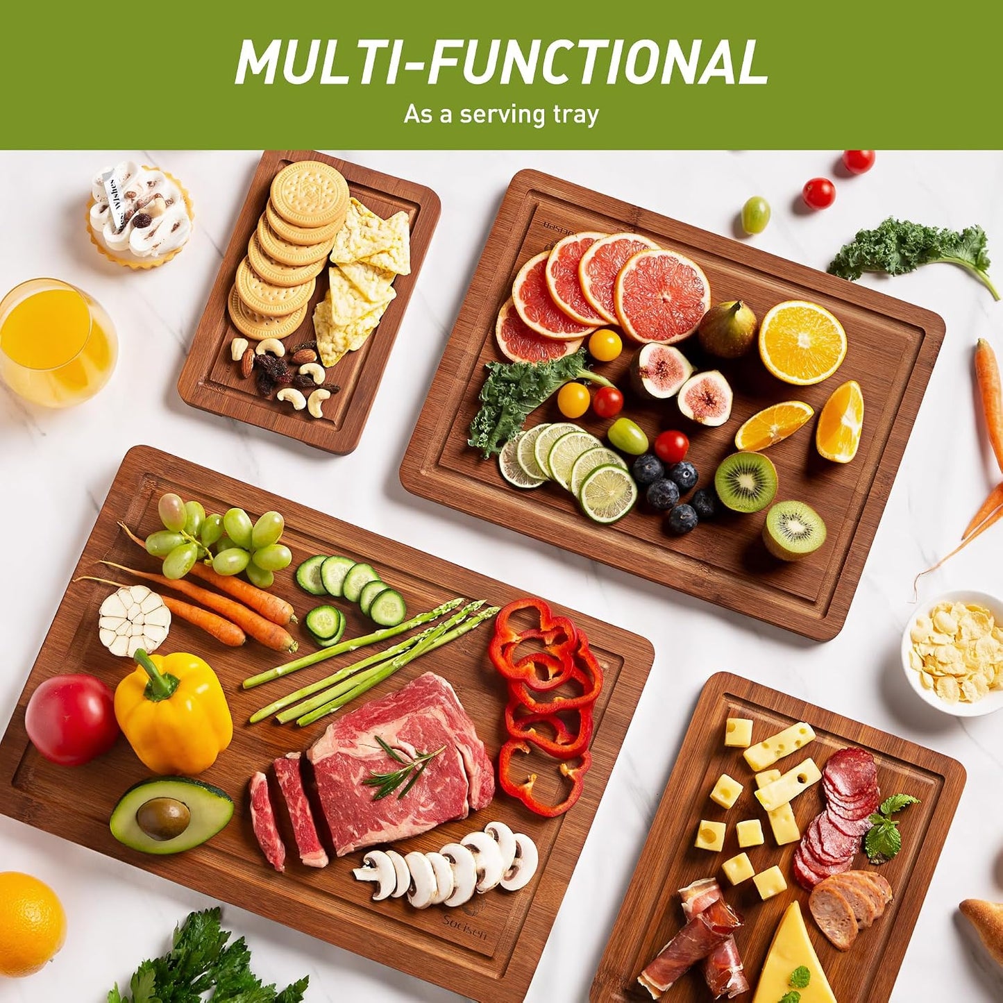 3 Packs Bamboo Cutting Board Set with Non Slip Feet and Over Sink Nice Solid Thick Wood Juice Groove Chopping Board Extra Large Big Small Best Hardwood Kitchen Counter Organic Vegetable