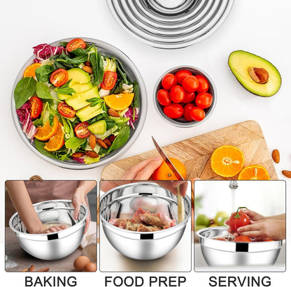 E-far Stainless Steel Mixing Bowls with Lids Set, 5-Piece Nesting Salad Bowls with 3 Grater Attachments and Non-Slip Bottoms, Size 4.6, 2.6, 2, 1.5, 1QT for Kitchen (Khaki)