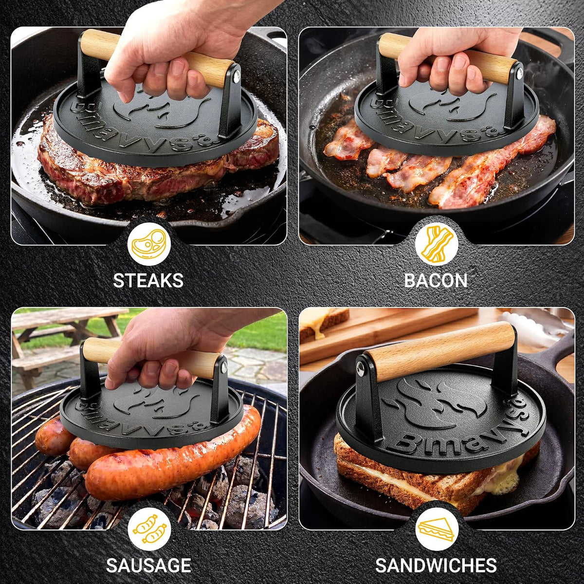 Heavy Duty Cast Iron Smash Burger Grill Press with Wooden Handle