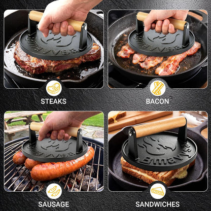 Heavy Duty Cast Iron Smash Burger Grill Press with Wooden Handle