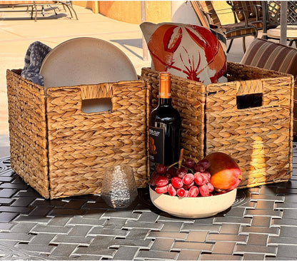4 Hand-Woven Wicker Storage Baskets 13x11x11in, Water Hyacinth Shelf Bins | ECO-FRIENDLY & SUSTAINABLE