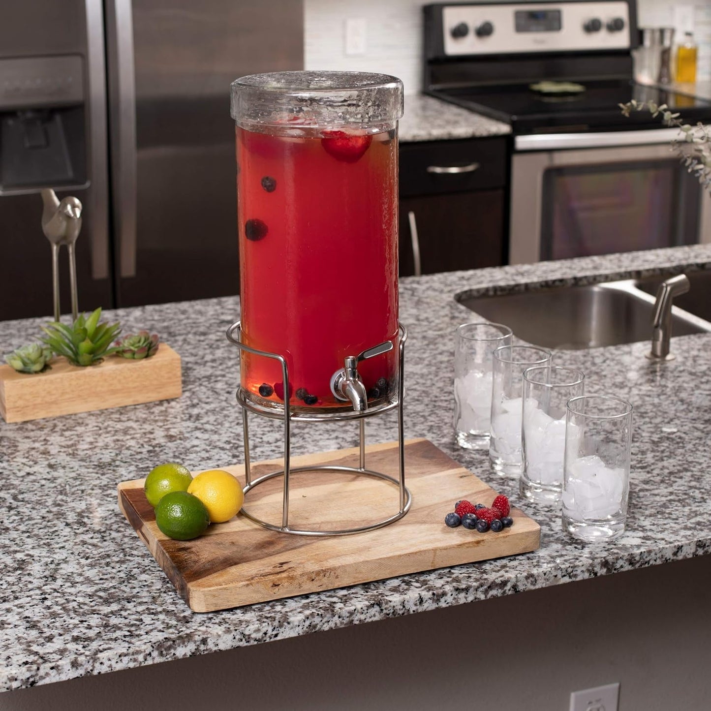 BIRDROCK HOME Beverage Dispenser with Stand & Stainless Steel Spigot - Hammered Glass Drink Dispenser for Parties Home & Events - Ideal for Serving Tea, Lemonade, Juice, Sangria, Cocktail - 1.5 Gallon