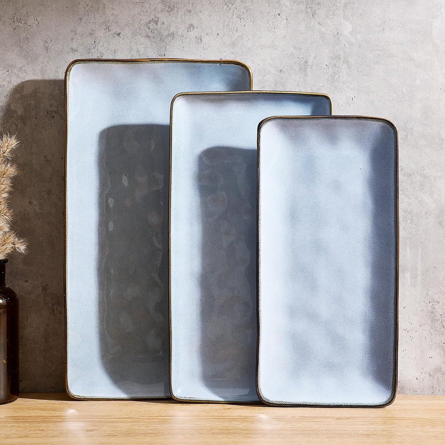 Famiware Serving Platter, Rectangular 15.67/14.1/12.6inch Serving Dishes for Entertaining, Microwave Dishwasher Safe, Stoneware Serving Trays for Party, Turkey, Cheese, Ocean Series, Cappuccino White