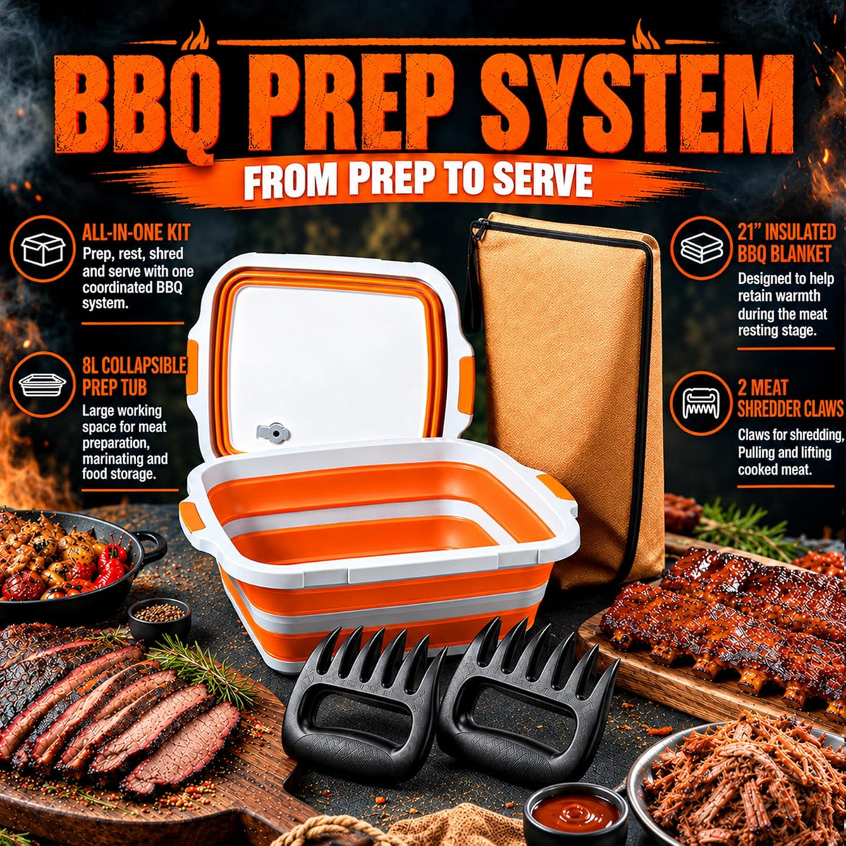 8L BBQ Prep Tub, Cutting Board, Meat Claws & Insulated Resting Bag