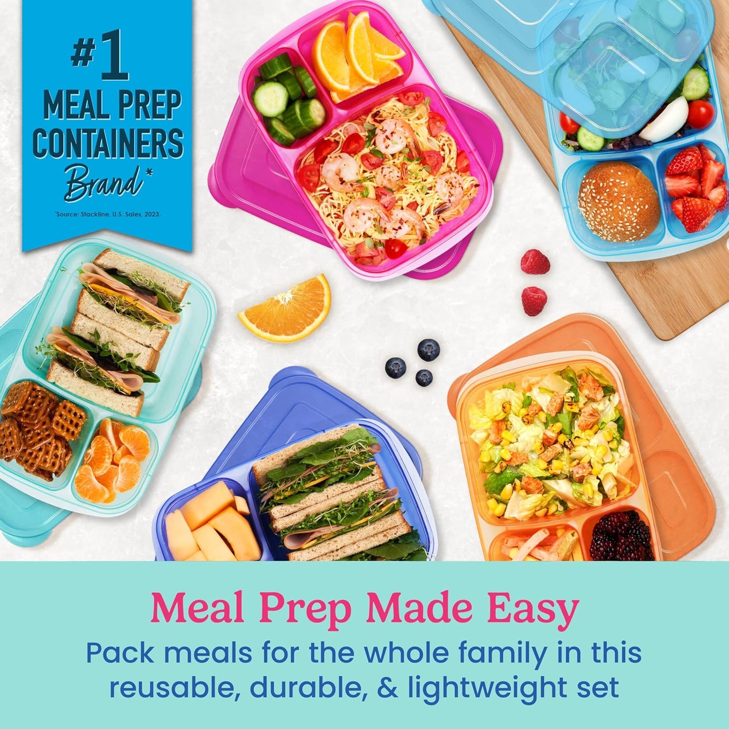 Bentgo Easyboxes - Original Stackable Lunch Boxes - Reusable 3-Compartment Food Containers for Kids and Adults - Bento Lunch Box for Meal Prep, School, & Work - BPA Free, Set of 10 (Classic)