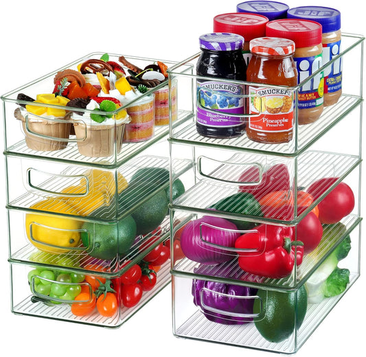 Qilinba Set Of 8 Stackable Pantry Organizer Bins, Clear Plastic Storage Bins for Home Edit Fridge Cabinet Organizing Storage Containers (4 Large and 4 Medium)