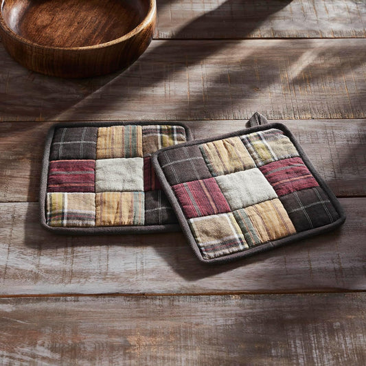 VHC Brands Cotton Pot Holder Set of 2, Heat Resistant, Kitchen Potholders, Wyatt Collection, Square 8x8, Crimson