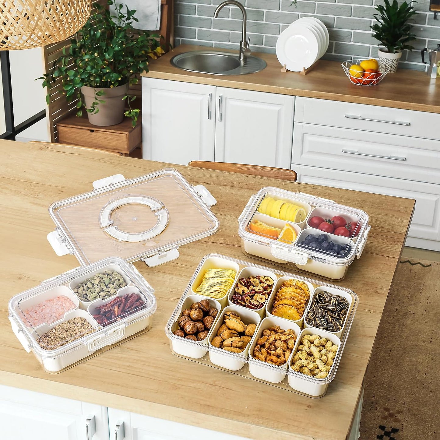 Divided Serving Tray with Lid and Handle - Snacklebox 3 Pcs Charcuterie Container for Portable Snack Platters & Storage Organizer for Fruits, Nuts, Candy, Snacks - Perfect for Travel and Entertaining