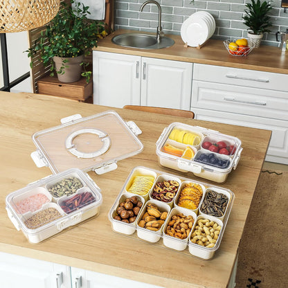 Divided Serving Tray with Lid and Handle - Snacklebox 3 Pcs Charcuterie Container for Portable Snack Platters & Storage Organizer for Fruits, Nuts, Candy, Snacks - Perfect for Travel and Entertaining