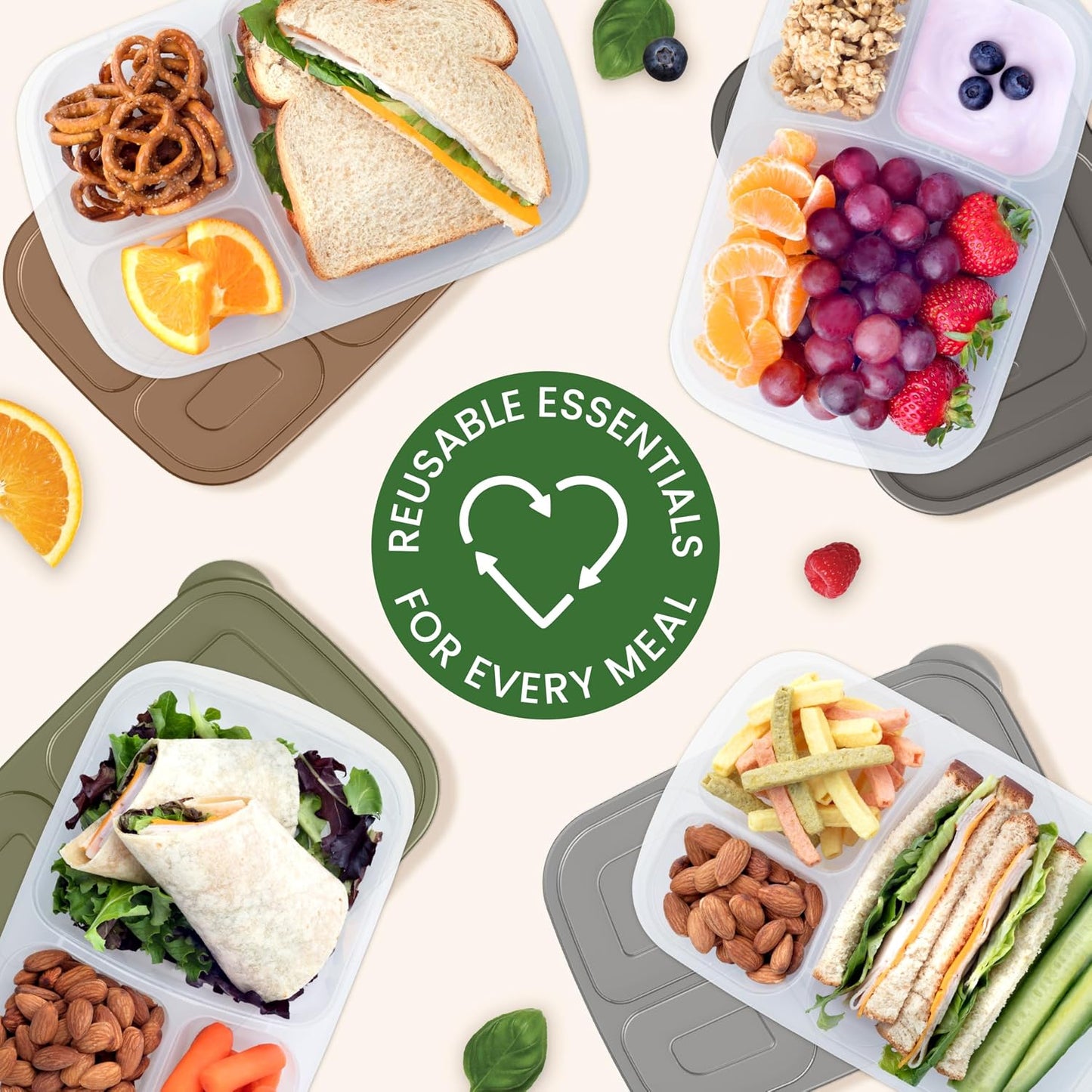 Bentgo Easyboxes - Original Stackable Lunch Boxes - Reusable 3-Compartment Food Containers for Kids and Adults - Bento Lunch Box for Meal Prep, School, & Work - BPA Free, Set of 4 (Earth Tones)