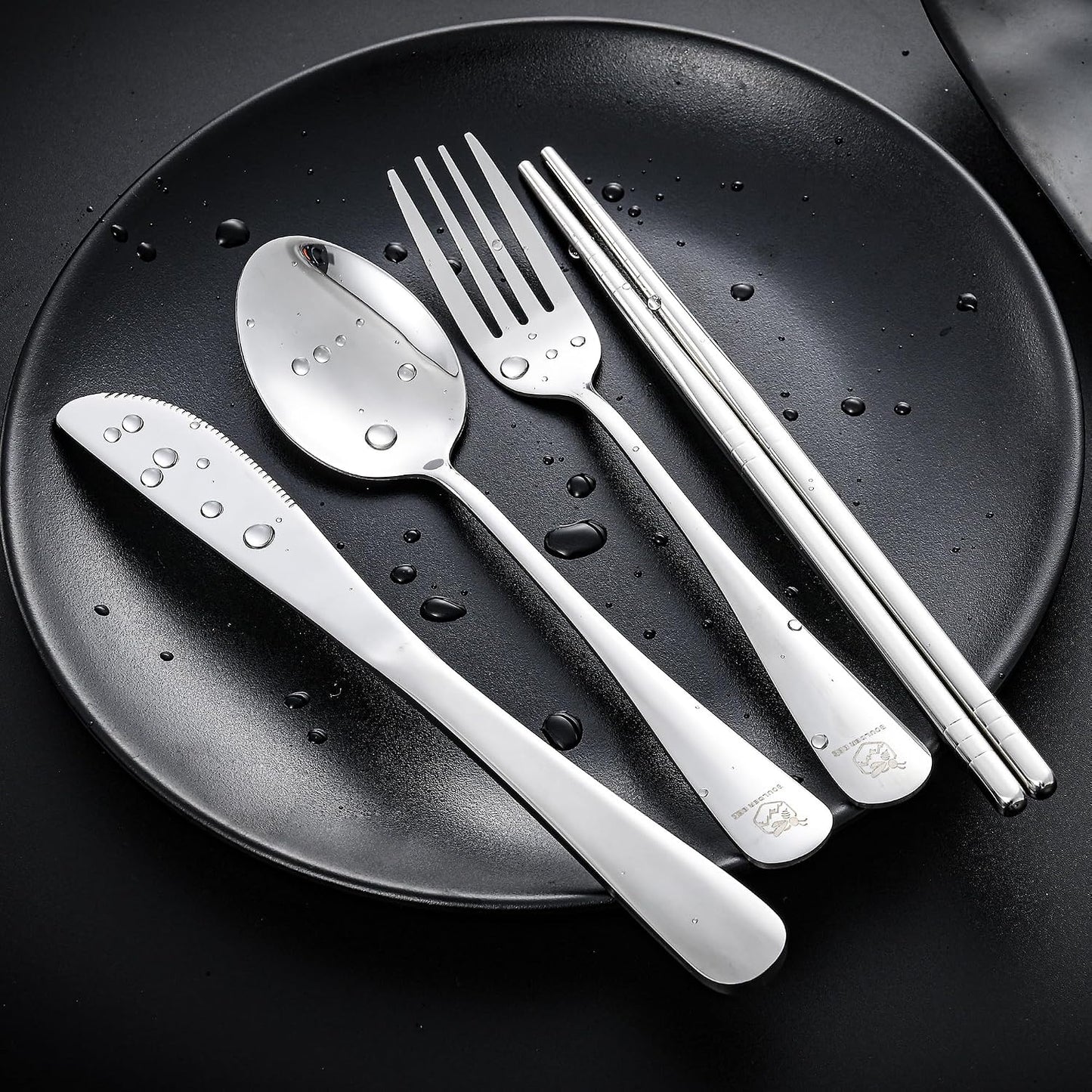 Boulder Bee | Travel Utensils Set | Reusable Camping Cutlery Set | Stainless Steel Flatware Set | Portable Silverware Set with Case | Includes Knife/Fork/Spoon/Straw/Cleaning Cloth/Case (Purple)