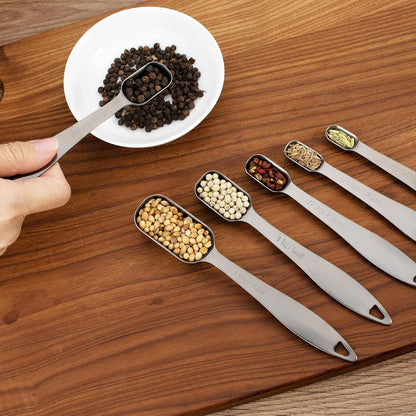 13-piece Measuring Cups and Spoons Set, 18/8 Stainless Steel Heavy Duty Ergonomic Handle with Ring Connector, Silver