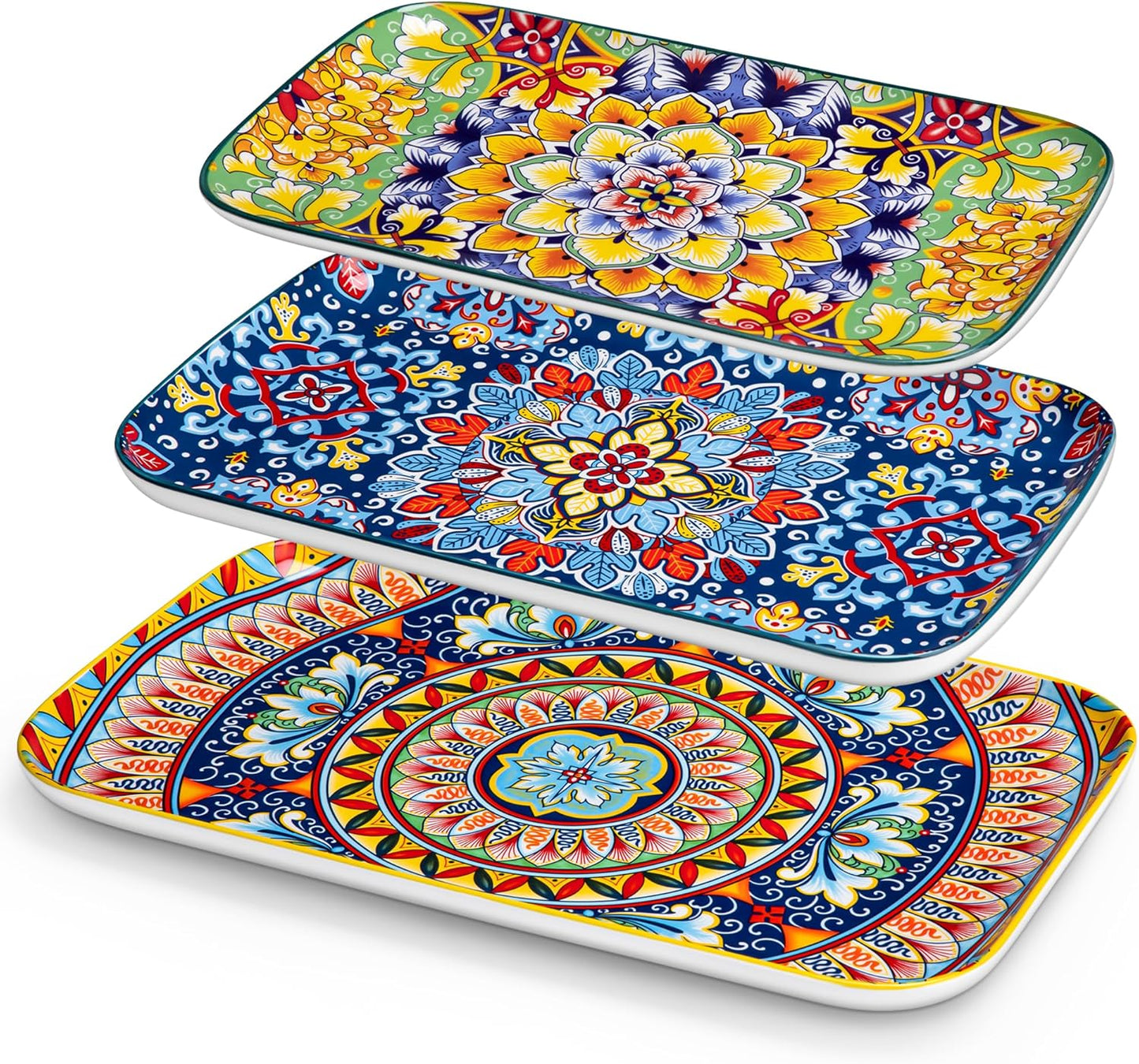 vancasso Serving Platters Set of 3, 16"/14"/12" Inch Rectangular Trays - Serving Platter Extra Large, Ceramic Bohemian Serving Dish for Entertaining Food, Microwave & Dishwasher Safe, Colorful