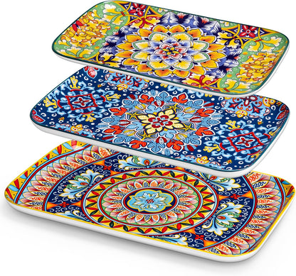 vancasso Serving Platters Set of 3, 16"/14"/12" Inch Rectangular Trays - Serving Platter Extra Large, Ceramic Bohemian Serving Dish for Entertaining Food, Microwave & Dishwasher Safe, Colorful