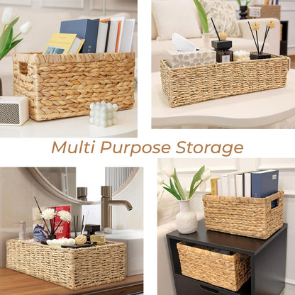 2-Pack Handwoven Water Hyacinth Storage Baskets with Handles, Wicker Bins for Pantry Organization, Shelf or Closet Organizer, Decorative Boho Rectangular Basket 13.5" x 8"
