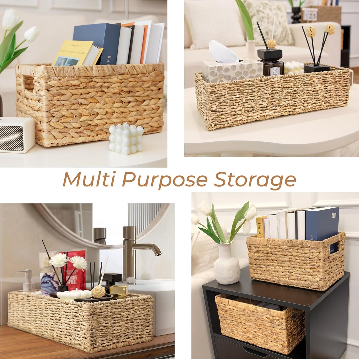 2-Pack Handwoven Water Hyacinth Storage Baskets with Handles, Wicker Bins for Pantry Organization, Shelf or Closet Organizer, Decorative Boho Rectangular Basket 13.5" x 8"