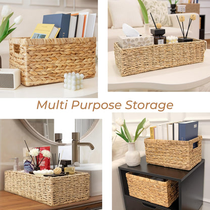 2-Pack Handwoven Water Hyacinth Storage Baskets with Handles, Wicker Bins for Pantry Organization, Shelf or Closet Organizer, Decorative Boho Rectangular Basket 13.5" x 8"