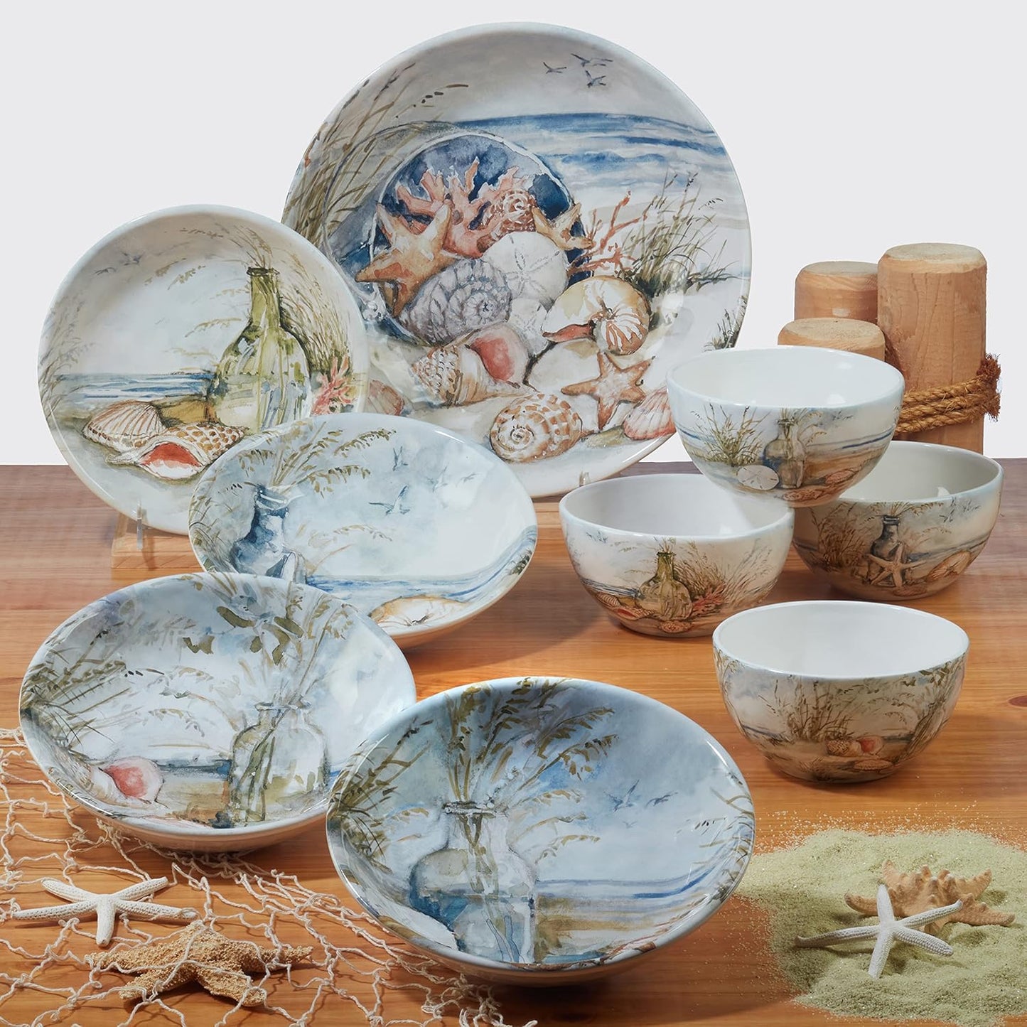 Coastal Landscape Ceramic Chip & Dip Platter – 13.5" Round Server with Shorebirds Illustration, Ocean-Inspired Tableware for Chips & Salsa, Crudités, Seafood, Crackers, Appetizers