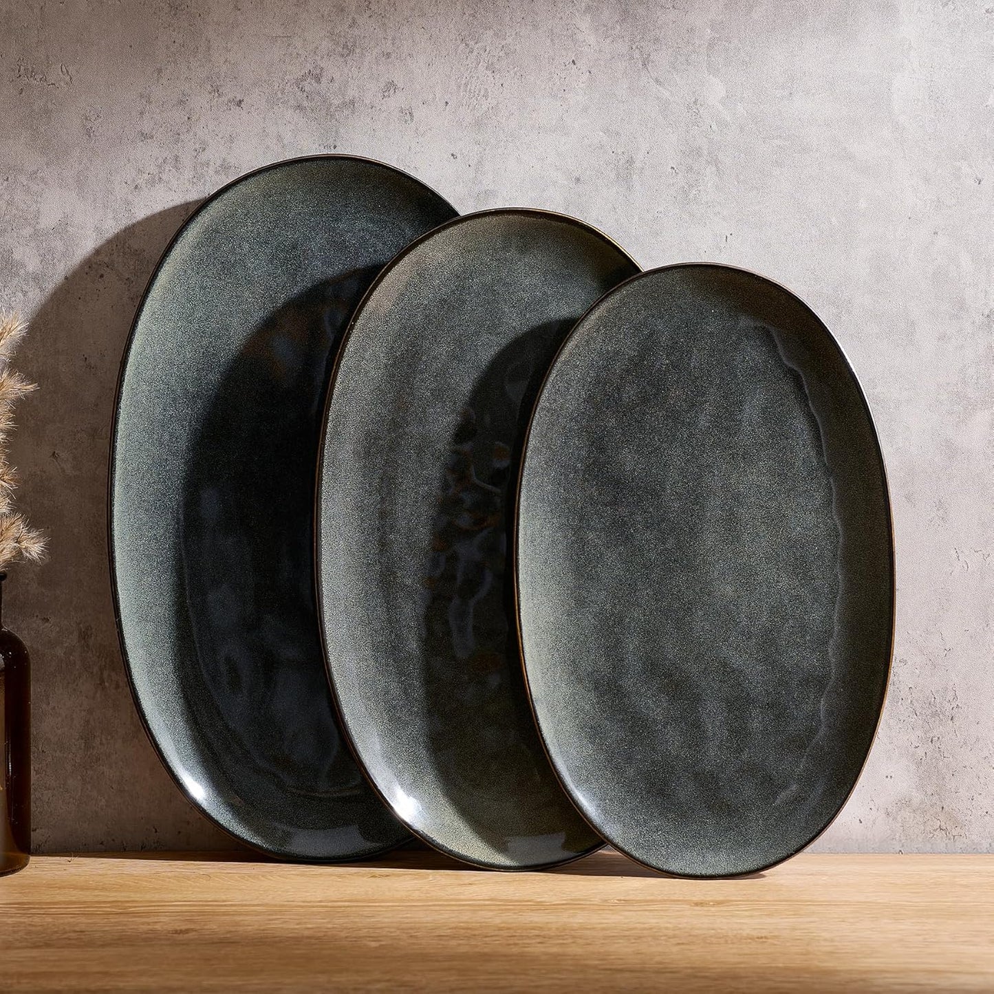 famiware Serving Platter, Oval 15.59/14.3/12.9inch Serving Dishes for Entertaining, Serving Bowls, Microwave Safe, Stoneware Serving Trays for Party, Food, Turkey, Cheese, Ocean Series, Vanilla White