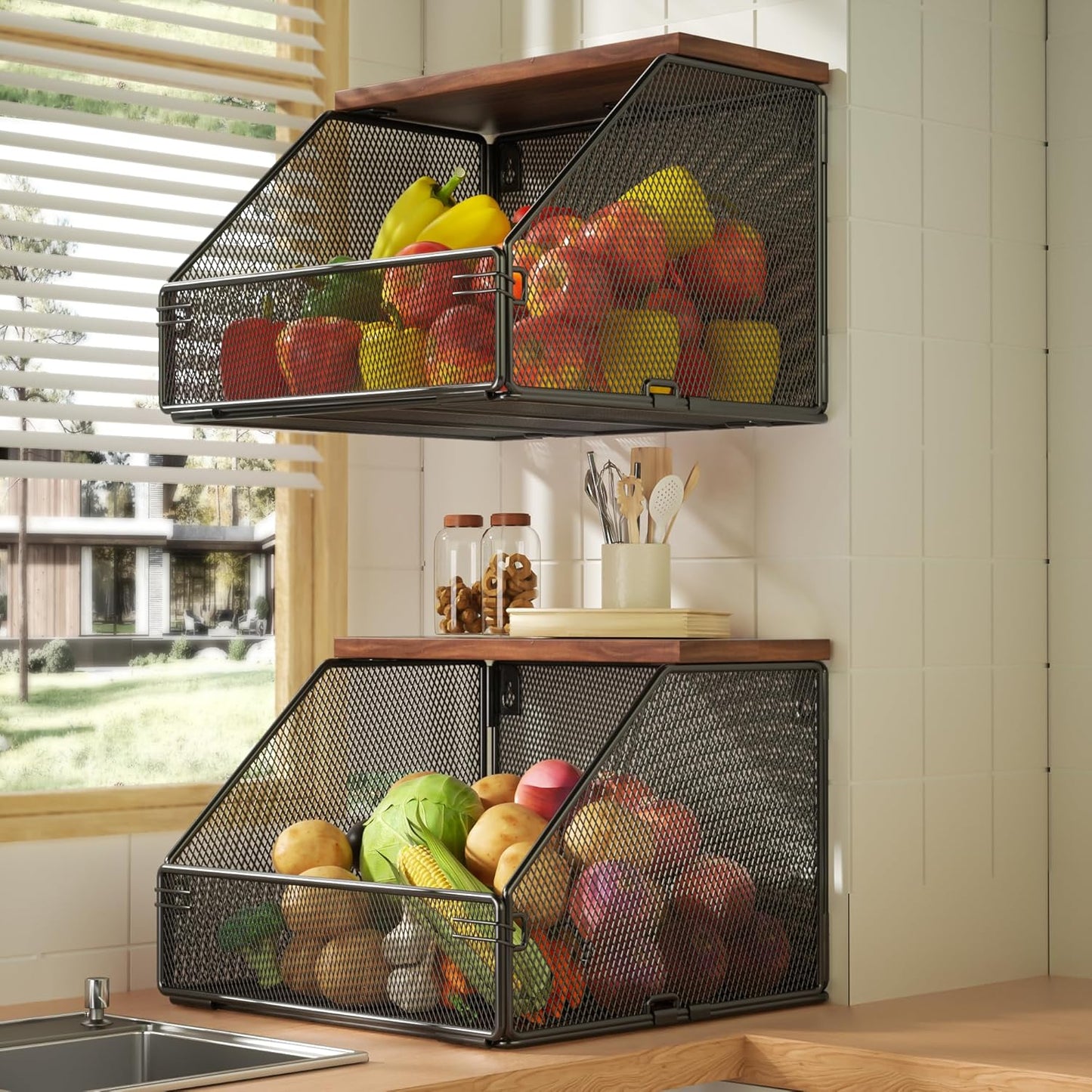 Stackable Fruit Basket for Kitchen Countertop Space Saving, Wall Mounted Mesh Metal Wire Baskets with Wood Lid Extra Storage, 2 Pack Kitchen Counter Organizer for Snack, Onion and Potato Storage