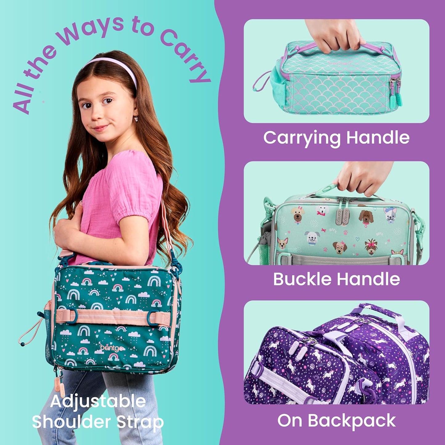 Bentgo Kids Lunch Bag - Durable, Double-Insulated Lunch Bag for Kids 3+; Holds Lunch Box, Water Bottle, & Snacks; Easy-Clean Water-Resistant Fabric & Multiple Zippered Pockets (Mermaid)