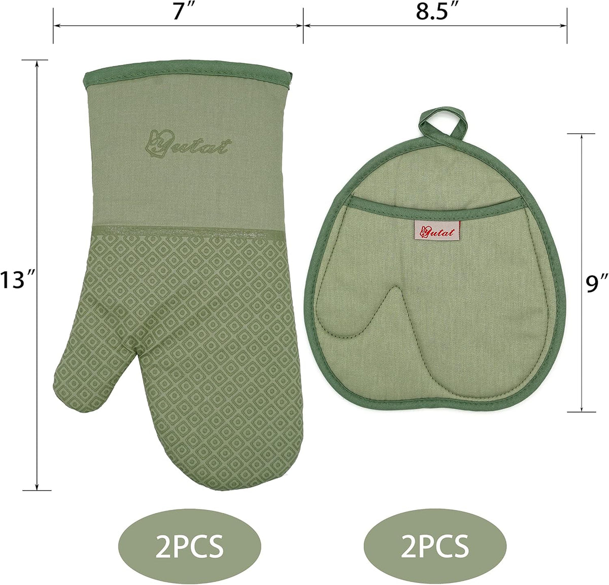 Yutat Silicone Oven Mitts - Oven Mitts and Pot Holders Sets Made of Non-Slip & BPA-Free Silicone, High Heat Resistant 500 Degrees, Perfect for Kitchen Cooking Baking BBQ, Peak Green