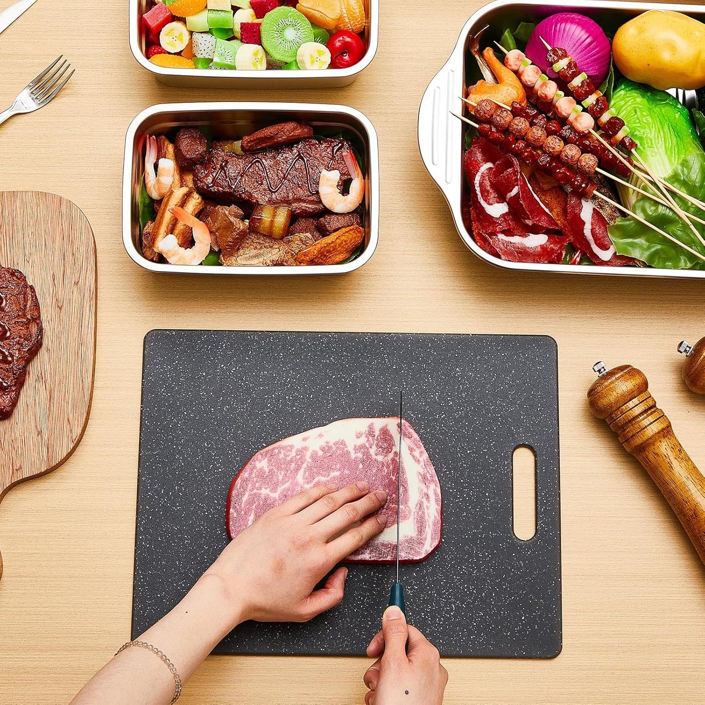 4 Pcs Grill Prep Set – Stainless Steel BBQ Prep & Serve Tray, Marinade Containers with Lids and Cutting Board for Outdoor Grilling, BBQ, Marinating (Deep Tray)