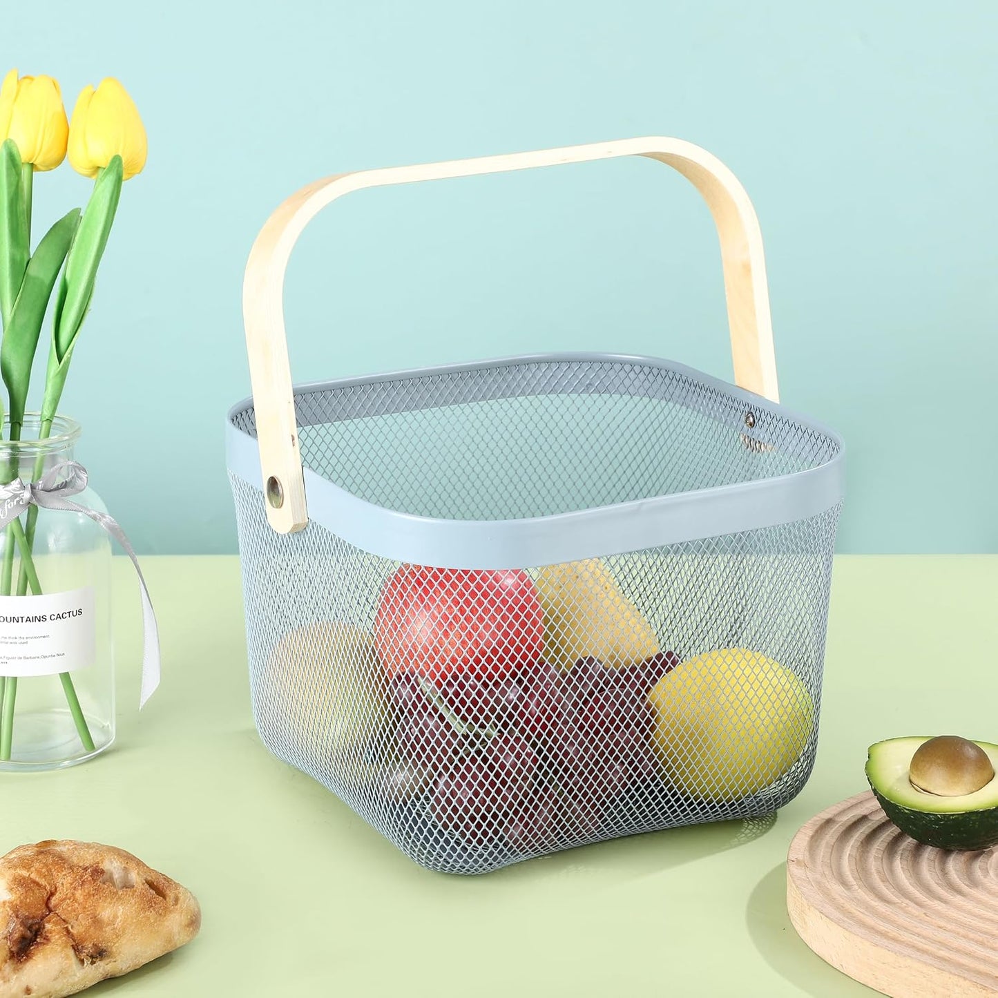 AJIODA Metal Mesh Wire Basket, Large Steel Basket with Wooden Handle Storage Organizer Basket Multi-functional Hanging Kitchen Baskets Fruit Baskets for Kitchen Bathroom Cabinet Pantry Snacks, Black