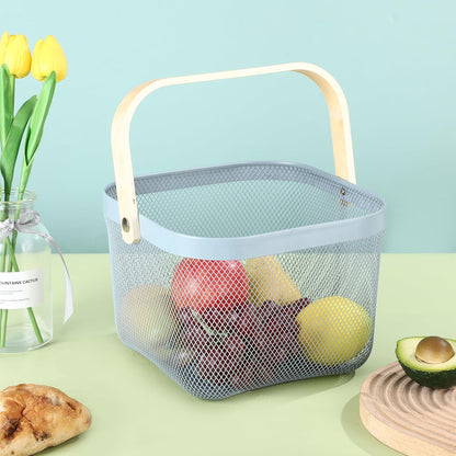 AJIODA Metal Mesh Wire Basket, Large Steel Basket with Wooden Handle Storage Organizer Basket Multi-functional Hanging Kitchen Baskets Fruit Baskets for Kitchen Bathroom Cabinet Pantry Snacks, Black