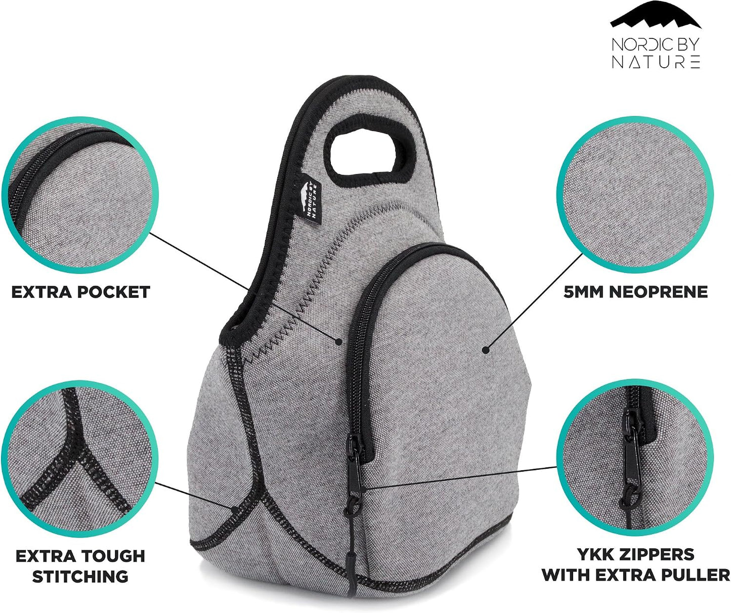 Nordic By Nature Large Neoprene Lunch Bag for Women & Lunch tote for Kids Insulated Lunch bag Reusable Washable Extra Thick Neoprene & Soft Cotton Feel, Premium Stitching, Outside Pocket, (L) Black
