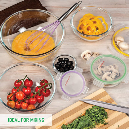 Set of 4 Stackable Space-Saving Nesting Glass Bowls with Airtight Acacia Lids for Lunch, Meal & Food Prep - Microwave & Oven-ready BPA Free Durable Heat Resistant Inert Borosilicate Glass