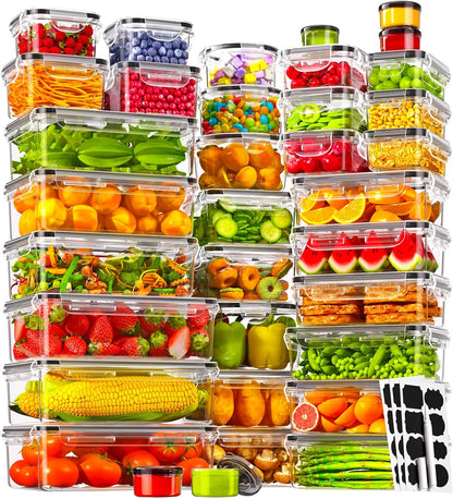 KEMETHY 60 PCS Food Storage Containers with Lids, BPA-Free Plastic Food Containers for Kitchen Storage, Leak Proof, Reusable Meal Prep Containers with Labels & Pen