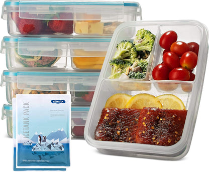 Komax Biokips Set of 5 Lunch Containers – 3 Compartment Food Container for Meal Prep, Portion Control – Microwave & Dishwasher Safe Bento Box Adult Lunch Container w/Locking Lid (37 oz)
