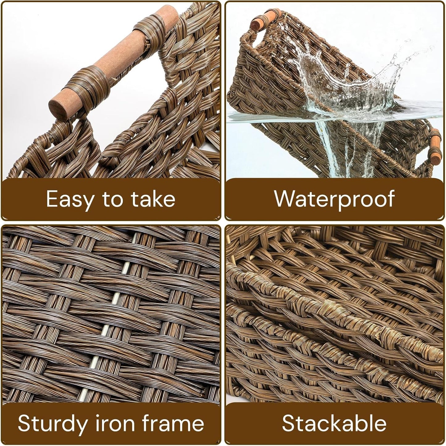 2 Pack Brown Wicker Storage Basket, Metal Frame Hand Woven Organizer Bin with Handle, 14.6"L x 10.7"W x 5"H Waterproof Rattan Laundry Organizer Totes for Pantry, Living Room, Bathroom