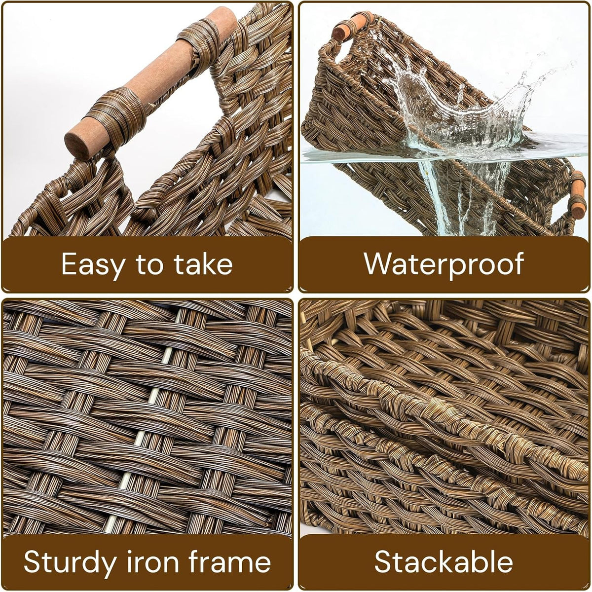 2 Pack Brown Wicker Storage Basket, Metal Frame Hand Woven Organizer Bin with Handle, 14.6"L x 10.7"W x 5"H Waterproof Rattan Laundry Organizer Totes for Pantry, Living Room, Bathroom