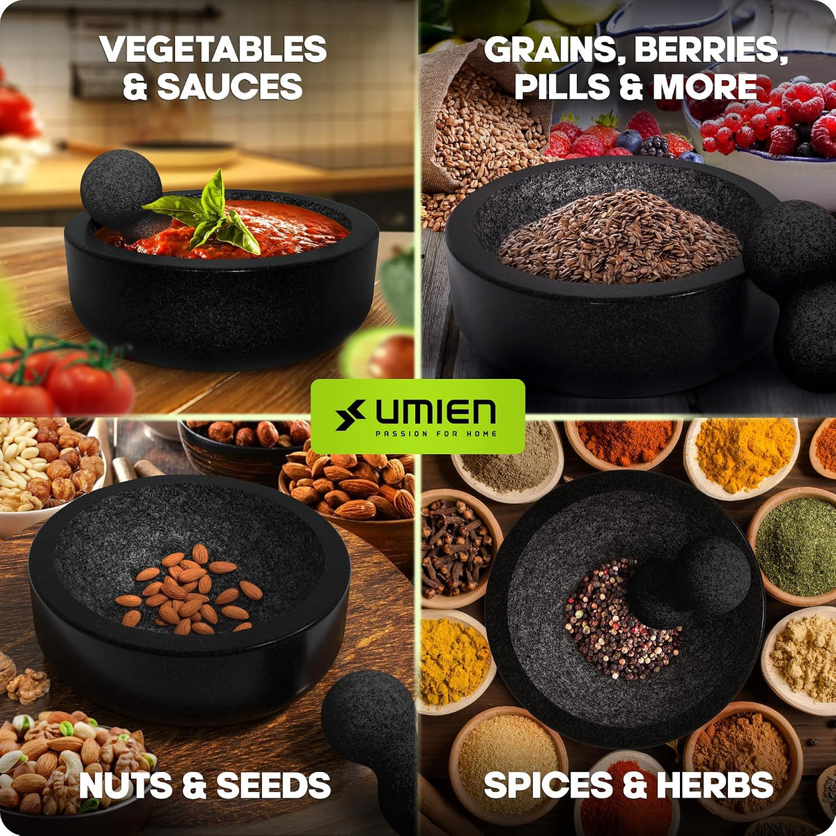 Umien Granite Mortar and Pestle Set 8-Inch (3.5-Cup), Molcajete, Grey