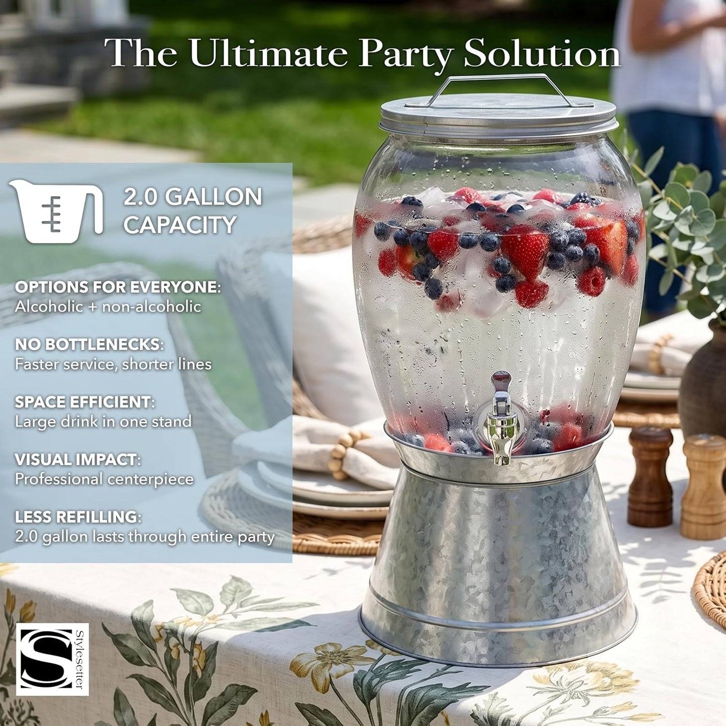 Style Setter Beverage Dispenser Cold Drink Dispenser Glass Jug, Metal Stand & Leak-Proof Acrylic Spigot Great for Parties, Weddings & More (Jaxon), 2 Gallon