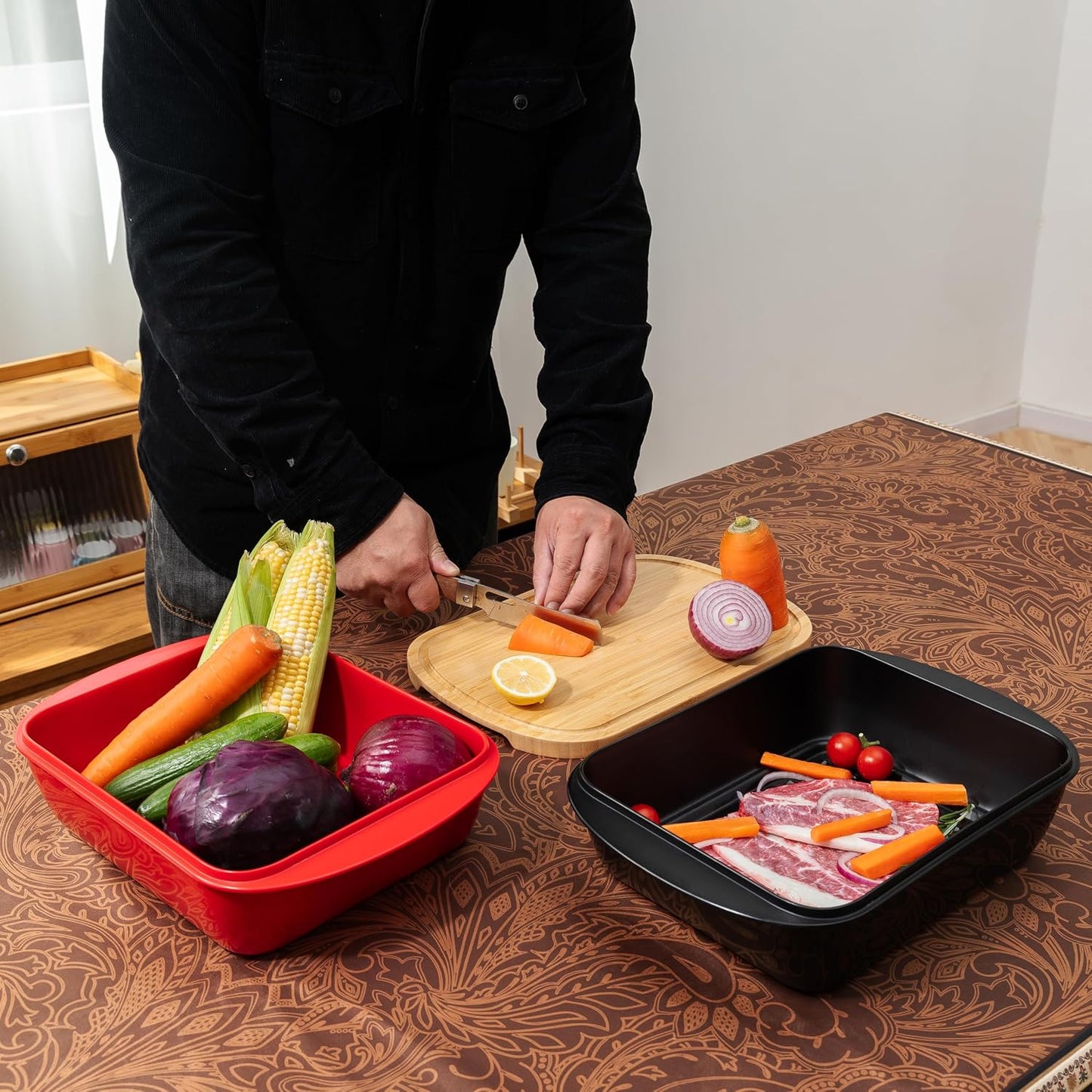 BBQ Tray for Raw Meat Prep and Cooked Food, Grill Prep and Serve Trays, Melamine Serving Trays and Platters for Food, Unbreakable Party Tray, Set of 2, Black and Red