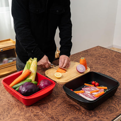 BBQ Tray for Raw Meat Prep and Cooked Food, Grill Prep and Serve Trays, Melamine Serving Trays and Platters for Food, Unbreakable Party Tray, Set of 2, Black and Red