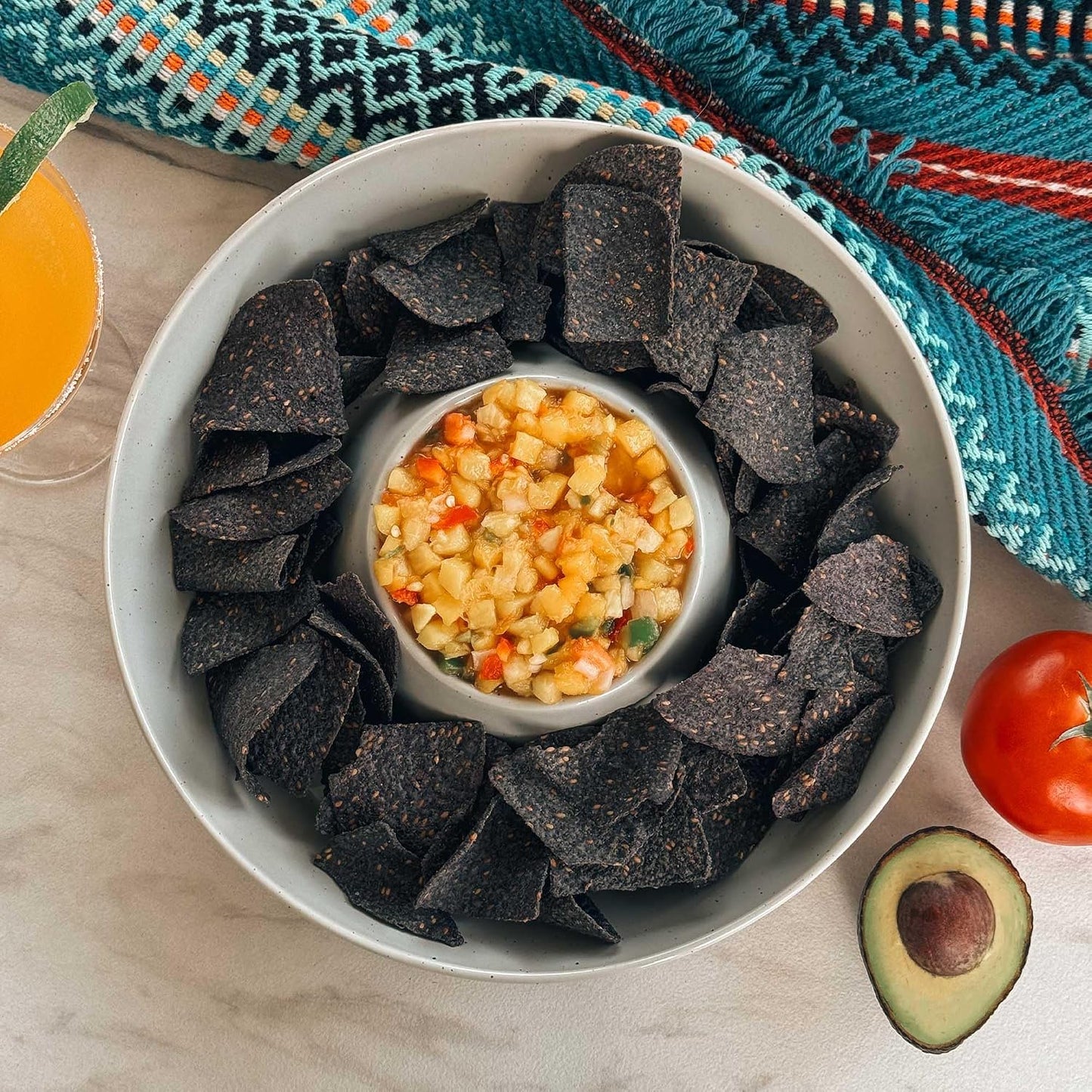 Mora Ceramic Chips and Dip Serving Tray: Large Divided Party Bowl Set for Chips & Salsa, Veggies & Dip, Fruit, Snacks, Entertaining, Hosting, etc. Minimalist Design for the Modern Hostess - White