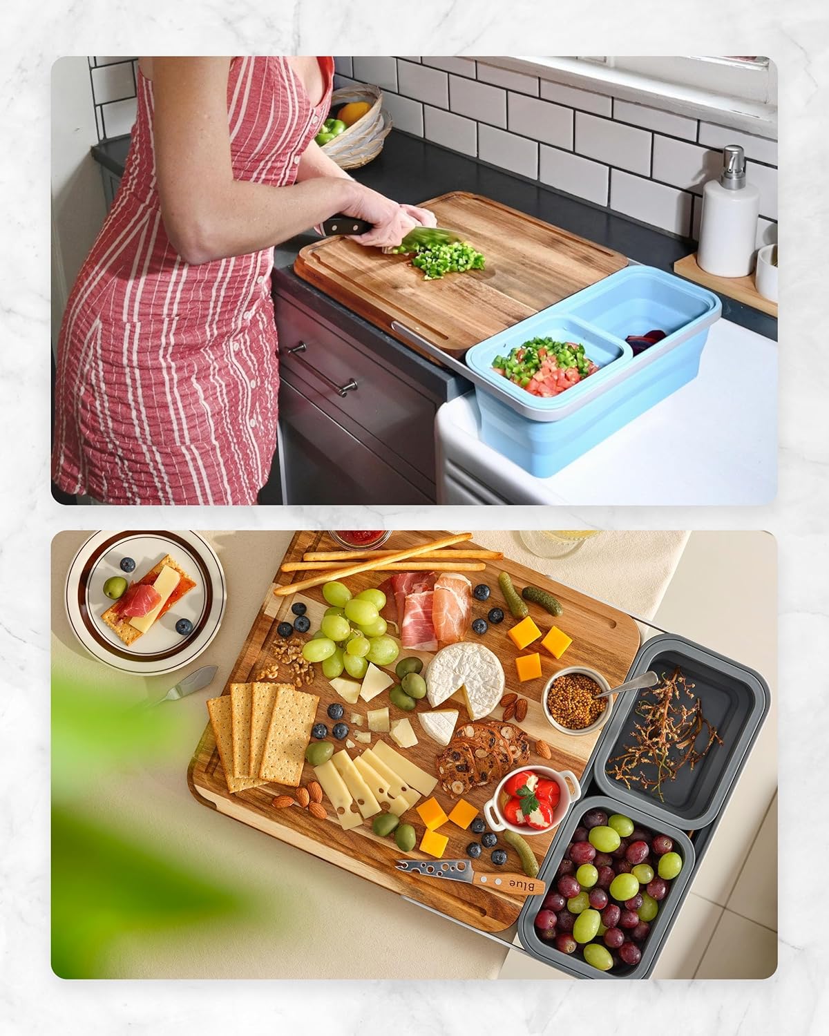 TidyBoard Meal Prep Cutting Board with Containers - Acacia Wood Cutting Board with Silicone Containers and Lids - Meal Prep Station - Over-the-Sink Chopping Board (Base Pack, Grey)