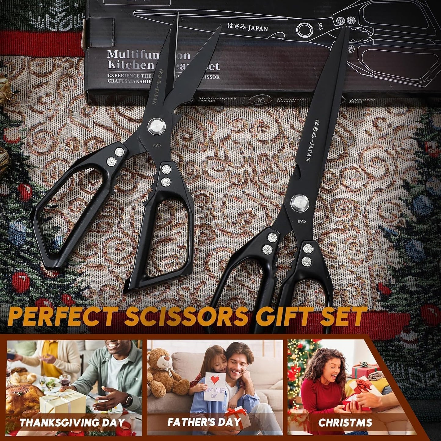 HUUSK Kitchen Scissors Set Silver - Upgraded Stainless Steel Kitchen Shear, Sharp Meat Scissors Dishwasher Safe, Heavy Duty Poultry Shears, Japanese Cooking Scissor for Food, Christmas Gifts for Women