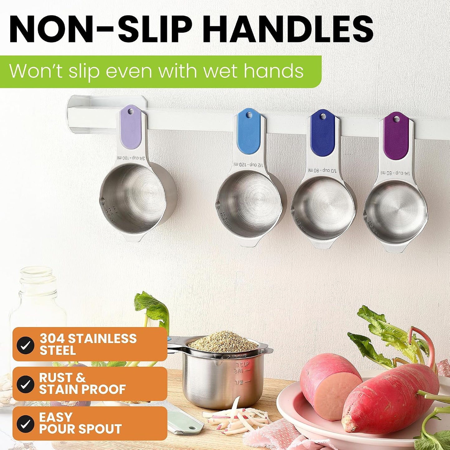 Spring Chef Stainless Steel Measuring Cups Set of 7 with Pour Spout - Nesting Kitchen Tools with Easy Read Markings to Measure Dry or Liquid Ingredients - Metal Measuring Cups for Baking & Cooking