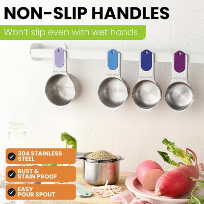 Spring Chef Stainless Steel Measuring Cups Set of 7 with Pour Spout - Nesting Kitchen Tools with Easy Read Markings to Measure Dry or Liquid Ingredients - Metal Measuring Cups for Baking & Cooking