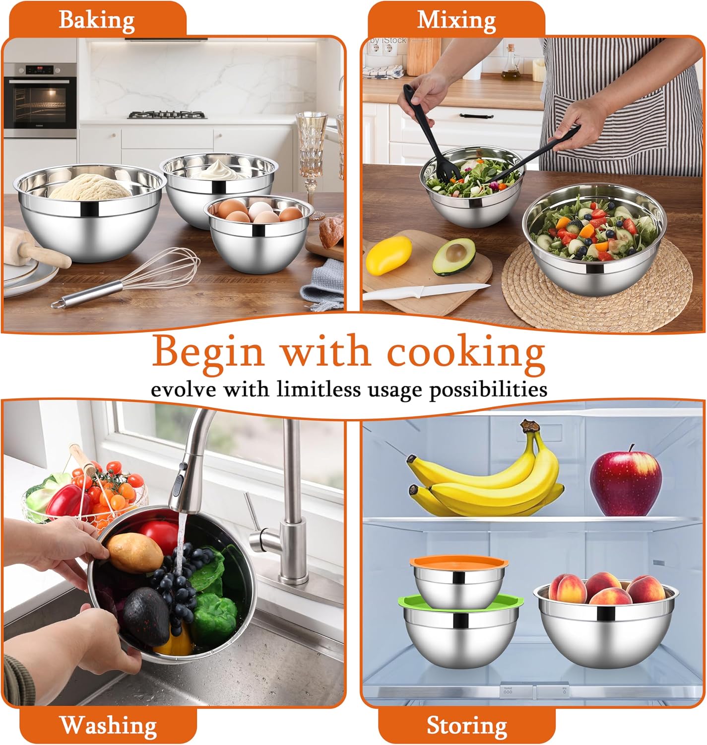 LIANYU Mixing Bowls with Airtight Lids Sets, 3 Packs Stainless Steel Metal Mixing Bowls, Ideal for Prepping, Cooking, Storage, Serving, Freezer & Dishwasher Safe, Khaki